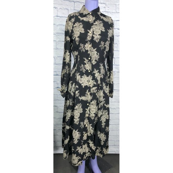 Moda Intl Long Size 6 Six Floral Boho Button Dress Rayon Made in USA Black White - Picture 4 of 12
